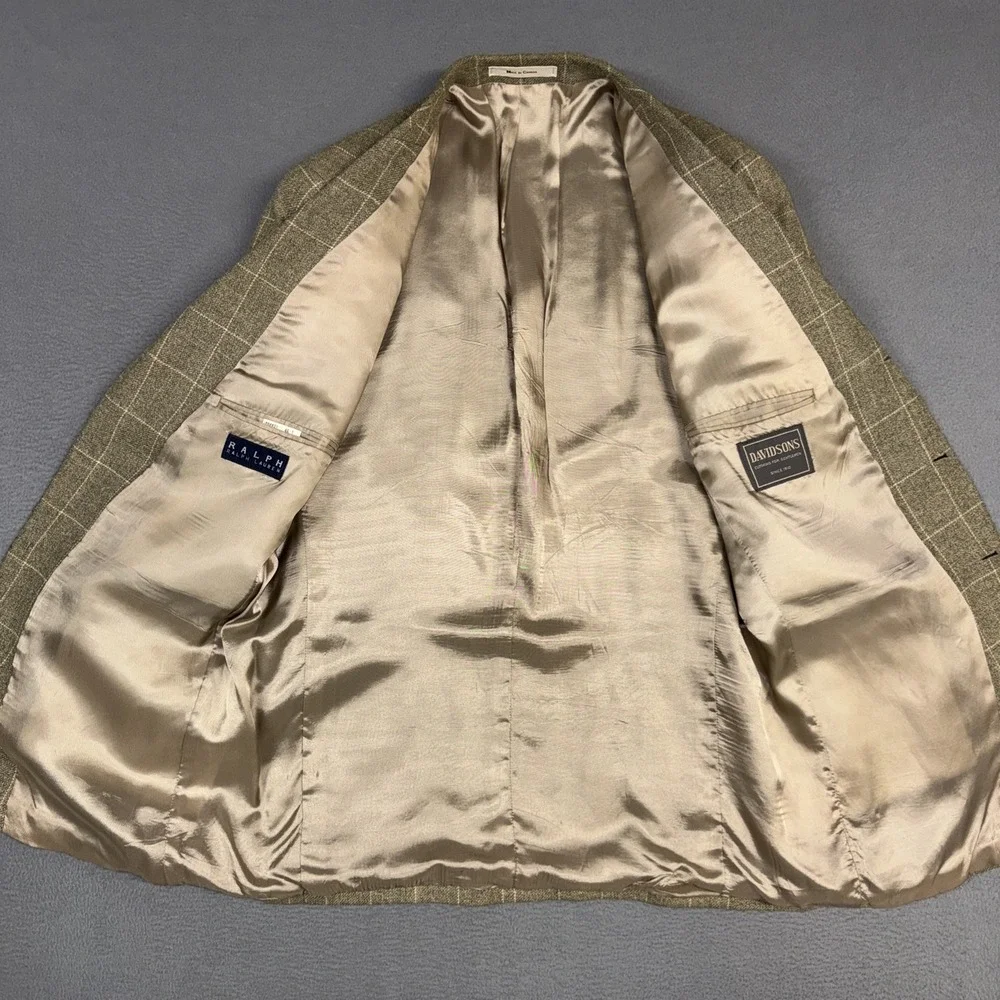 Ralph Ralph Lauren Blazer Mens 46 Tan Heathered Window Check Wool Silk Linen VTG
